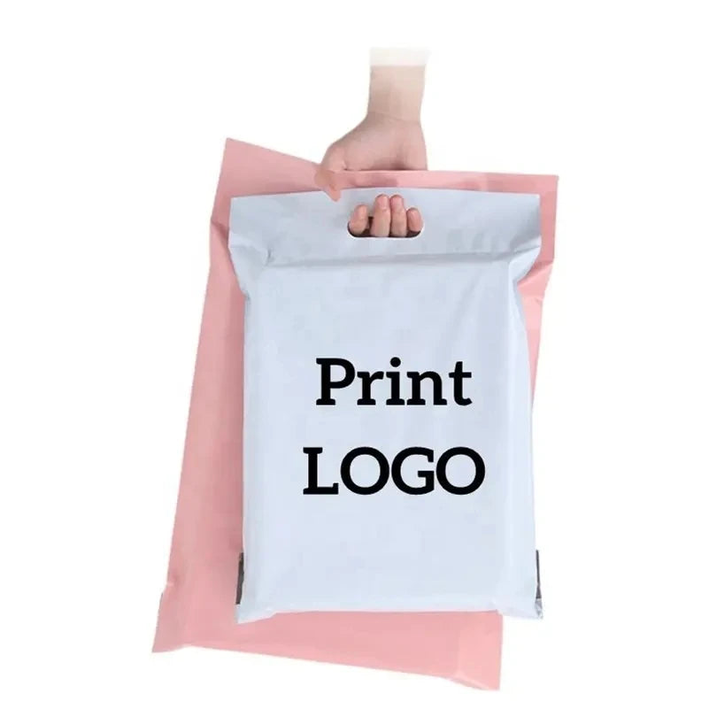 Light blue custom poly mailer bag with handle, “Print LOGO” black text on front.