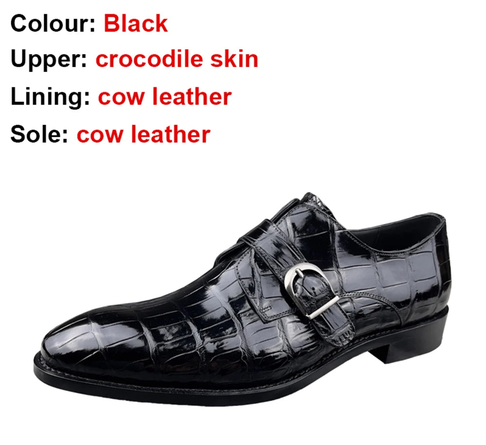 Newest Black Men Shoes Leather Comfort Slip-On High-end Handmade Men Dress Shoes Monk Strap Genuine Crocodile Leather Men Shoes
