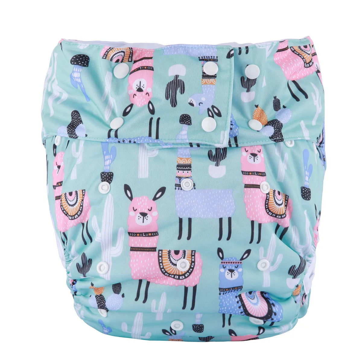 Reusable baby cloth diaper in a mint green llama and cactus print with adjustable snap buttons.