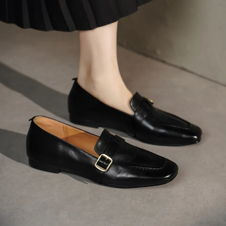 Genuine Leather Women's Loafers Square Toe Slip-On Low Heel Dress Shoes Anti-Slip All Seasons