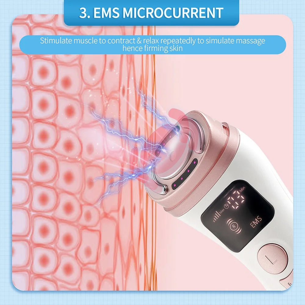 White and rose gold handheld EMS facial lifting device emitting blue light waves towards a diagram of skin cells.
