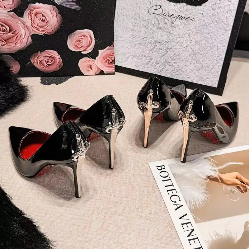 HT Super High Heel Red Bottom Fine Heel Solid Color Women's Shoes Open Toe Microfiber Upper Natural Rubber Outsole One Pedal
