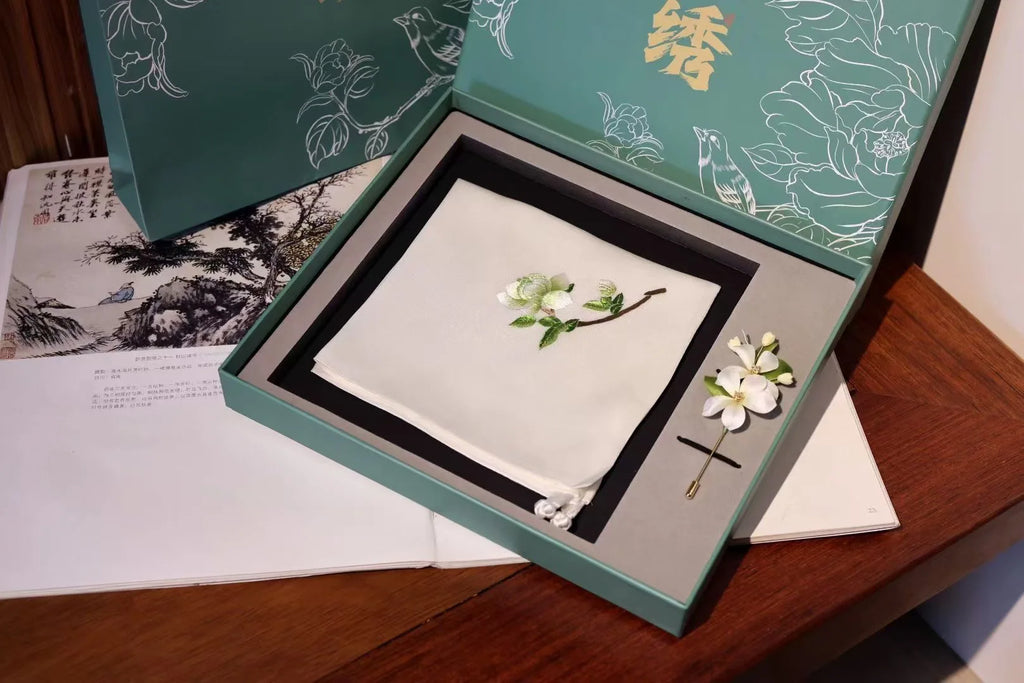 Unique Handcraft Embroidery Silk Scarf Souvenir Gift Brooch and Scarf Set