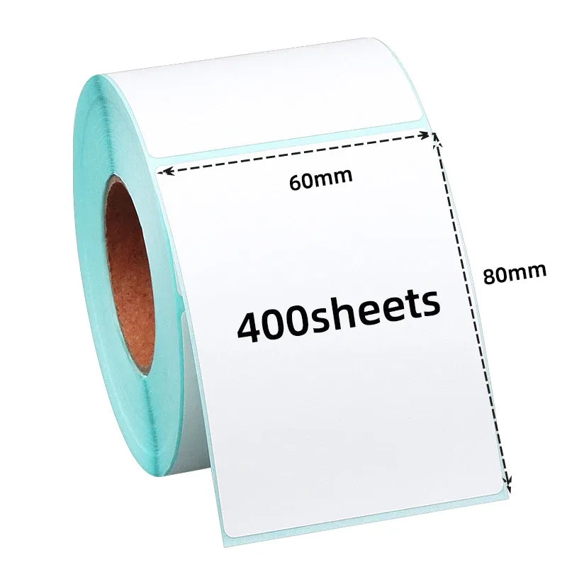 Sky blue-backed white thermal label roll, 60x80mm, 400-sheet roll