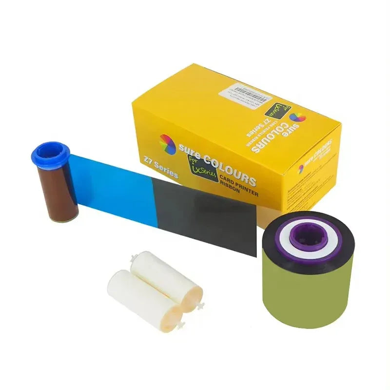 Color ribbon cartridges with blue and purple cores and a yellow boxed label