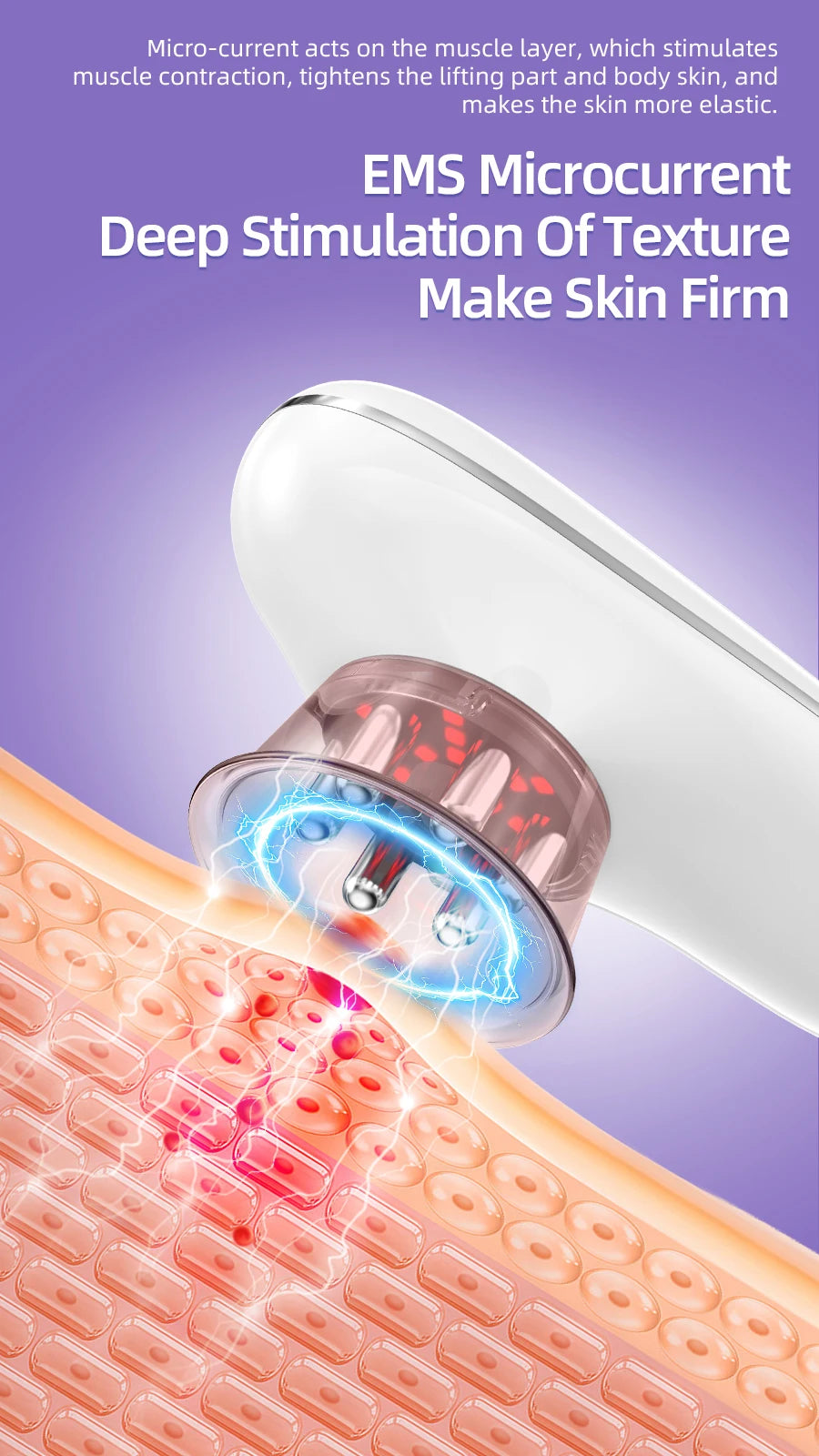 White body sculpting device on skin, showing metallic massage heads emitting blue electrical microcurrents.