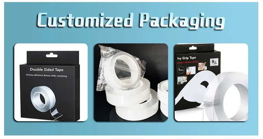 Transparent double-sided tape rolls displayed in product packaging
