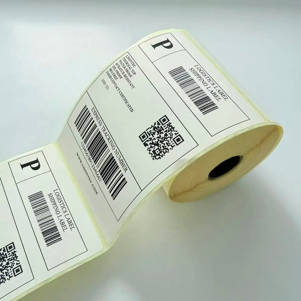 White thermal shipping labels on roll, barcodes and QR codes