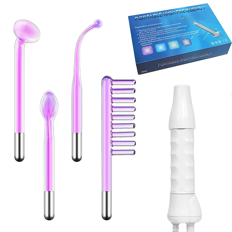 High-frequency facial wand with four purple glass electrodes in different shapes and a white ergonomic handheld device.