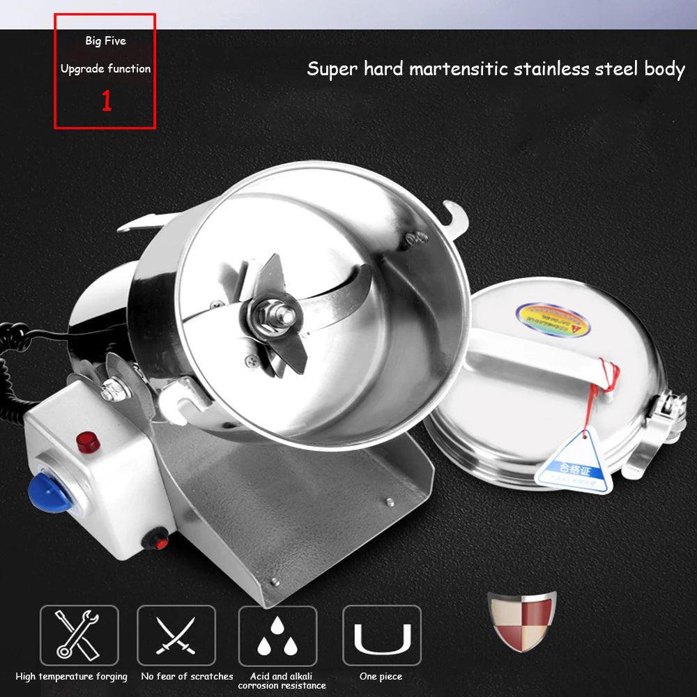 Silver stainless steel electric coffee and grain grinder with durable martensitic steel body and sharp blades.