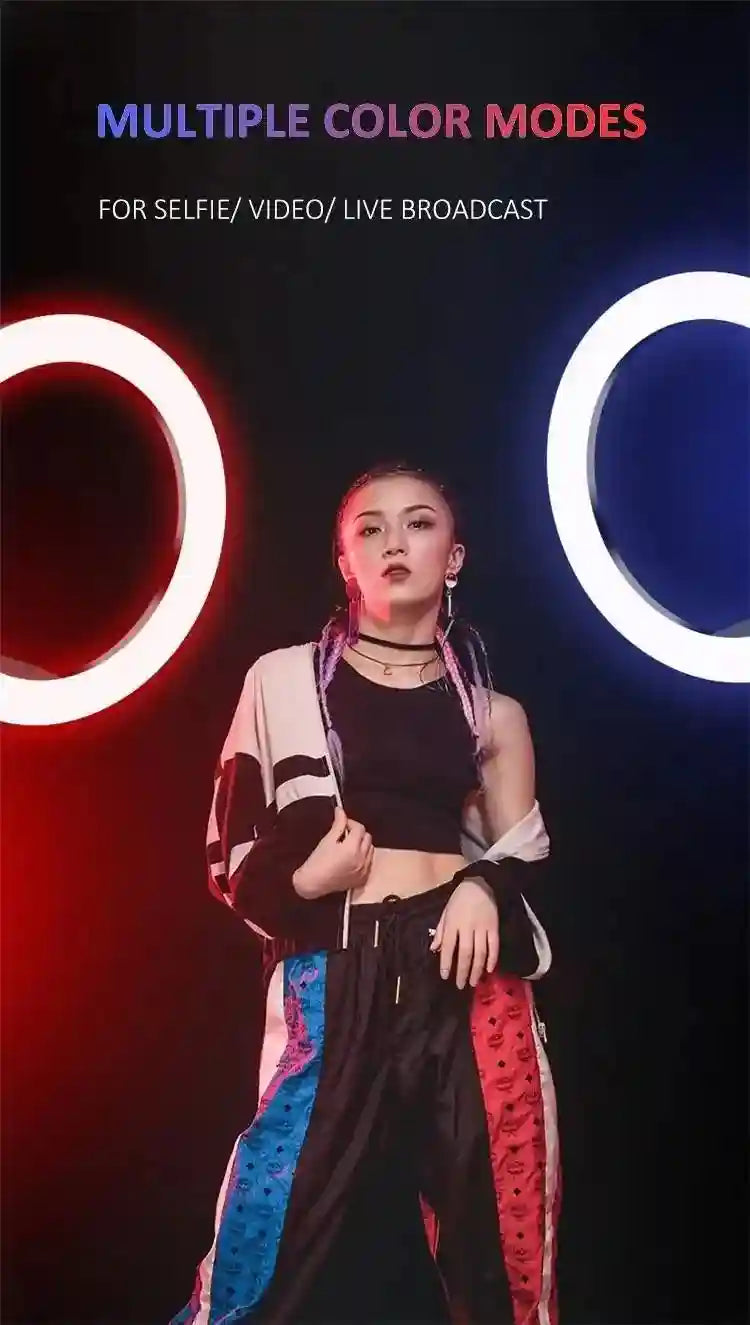 Circular LED ring light emitting red and blue light for selfies, videos, and live broadcasts.