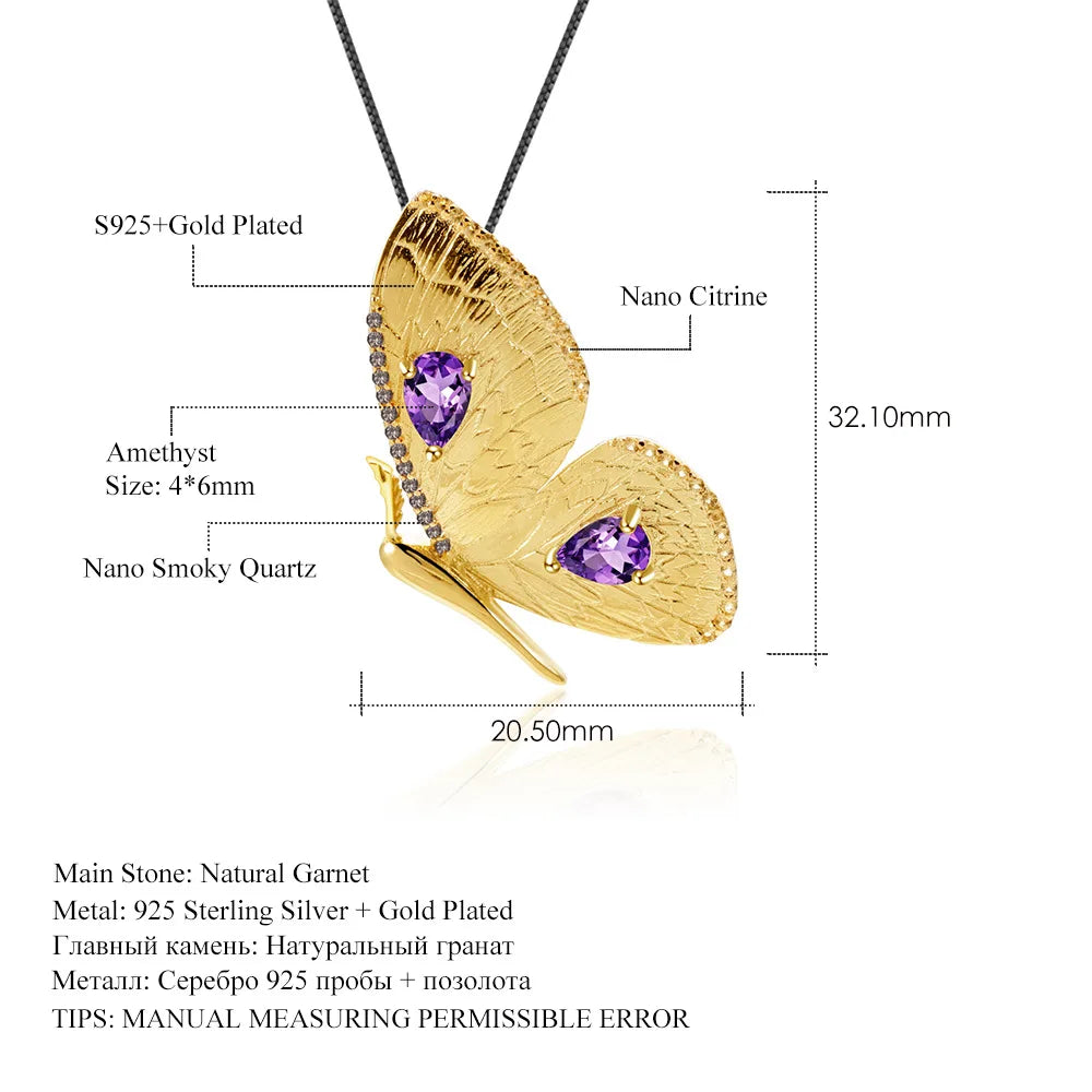 TIANSHE New Chinese Style Vintage Gold Butterfly Brooch Pendant S925 Pure Silver High-end Natural Amethyst Corsage