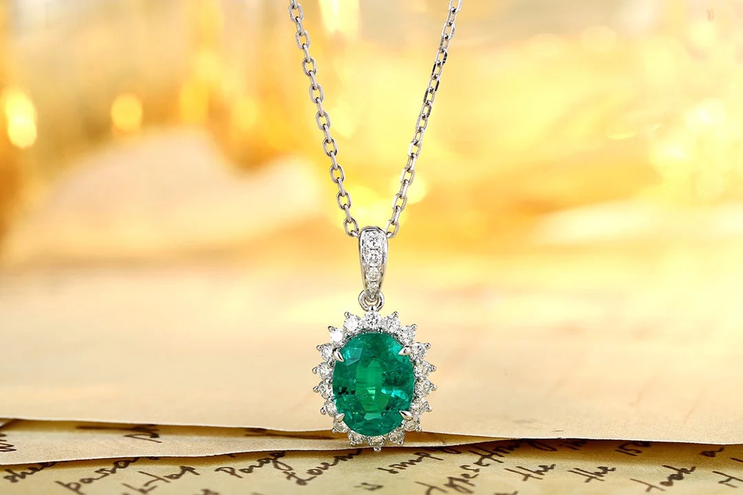 Lanphear PT950 Luxury Pendant Oval Lab Grown Emerald Fashion Jewelry Necklace Lab Grown Diamond Fine Necklaces