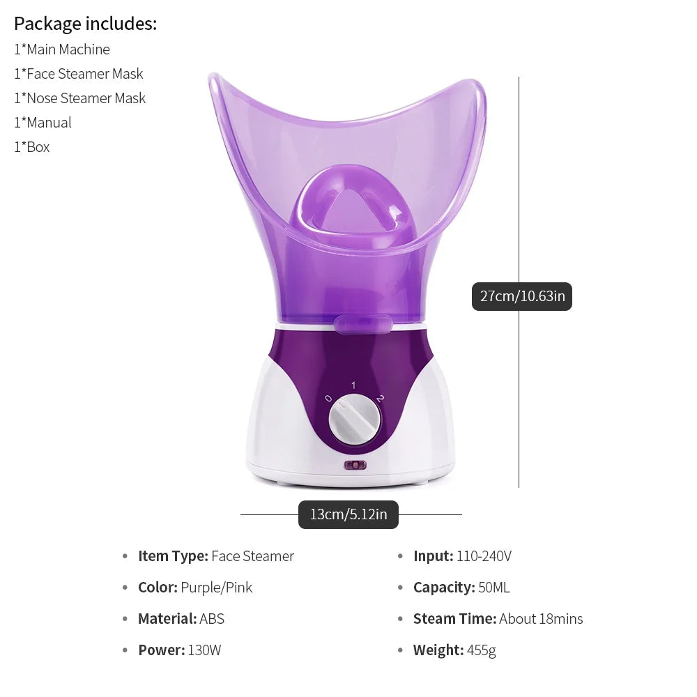 Purple and white ABS plastic facial steamer with a detachable mask for skin care treatments, 27cm tall.