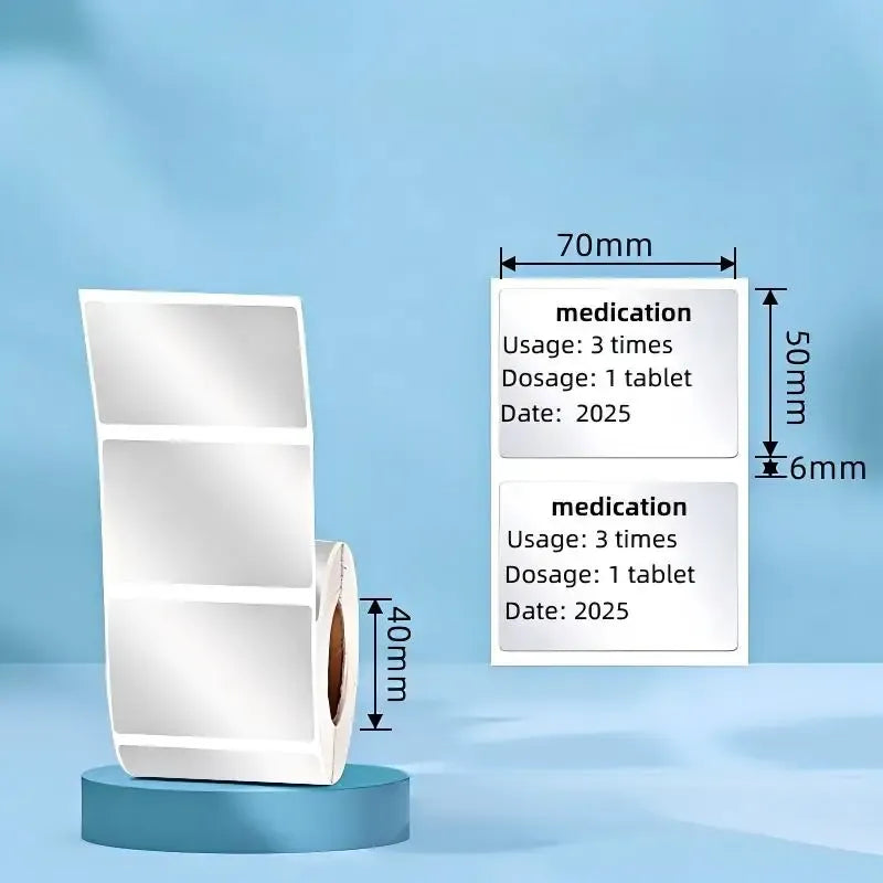 Matte silver thermal label sheets in dispenser stand, size markings shown