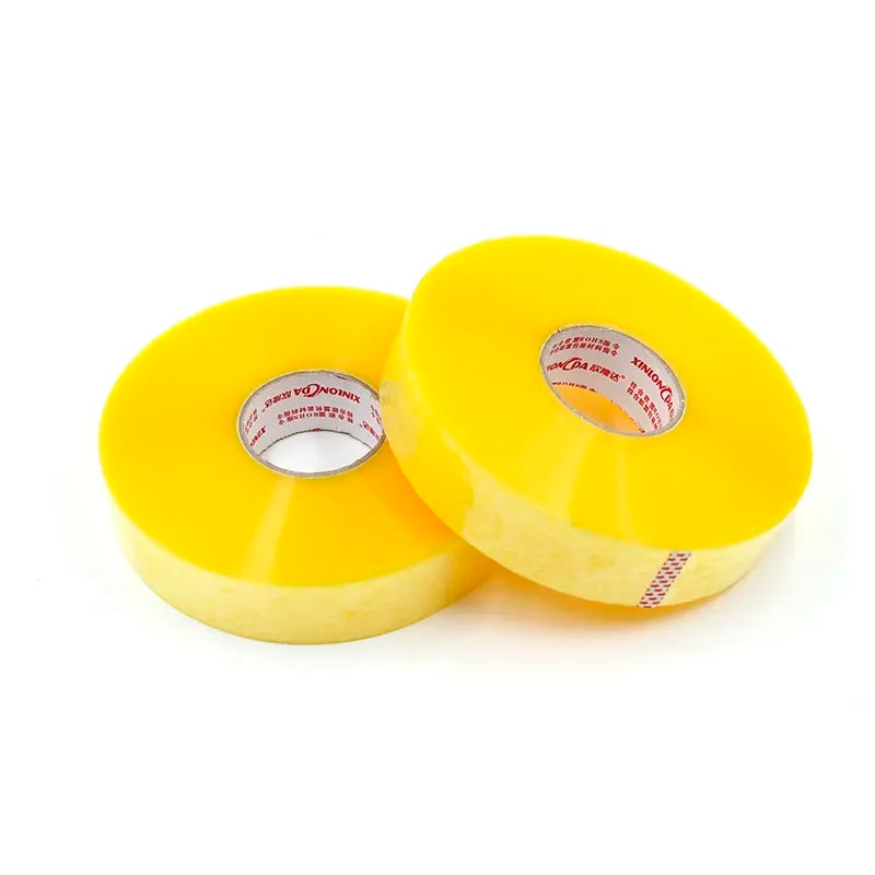 Yellow packaging tape rolls with printed paper core, pressure-sensitive adhesive sealing tape
