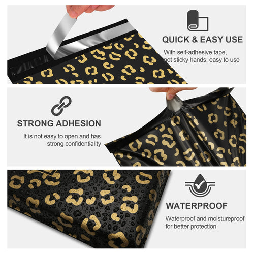 Black patterned mailing bag with gold print and self-seal closure