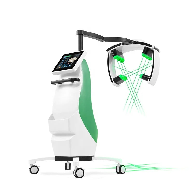 Laser hair growth machine with touch screen, green laser emitters, and adjustable arch mounted on a rolling white base.
