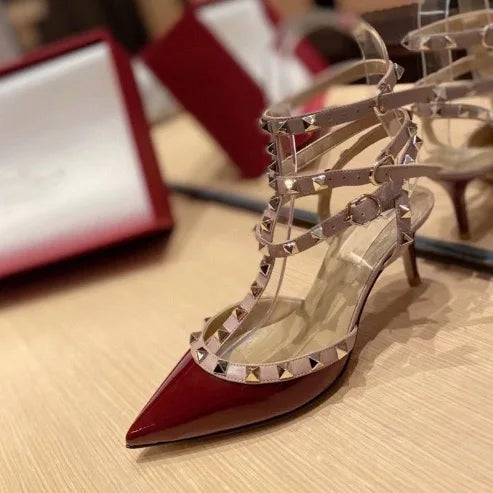 High-heel studded leather women's pumps, painted leather sexy women's sandals