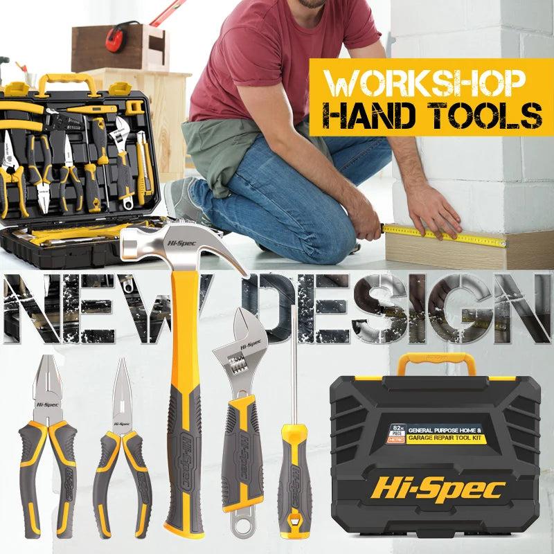 Hi-Spec 82 Pieces Household Tool Kit Set Workshop Hardware Daily Hand Tool Sets for Home Repair in Plastic Tool Box Storage Case