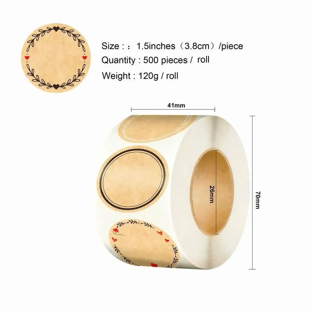 Kraft paper roll label stickers, round prints on roll, 1.5 inch size