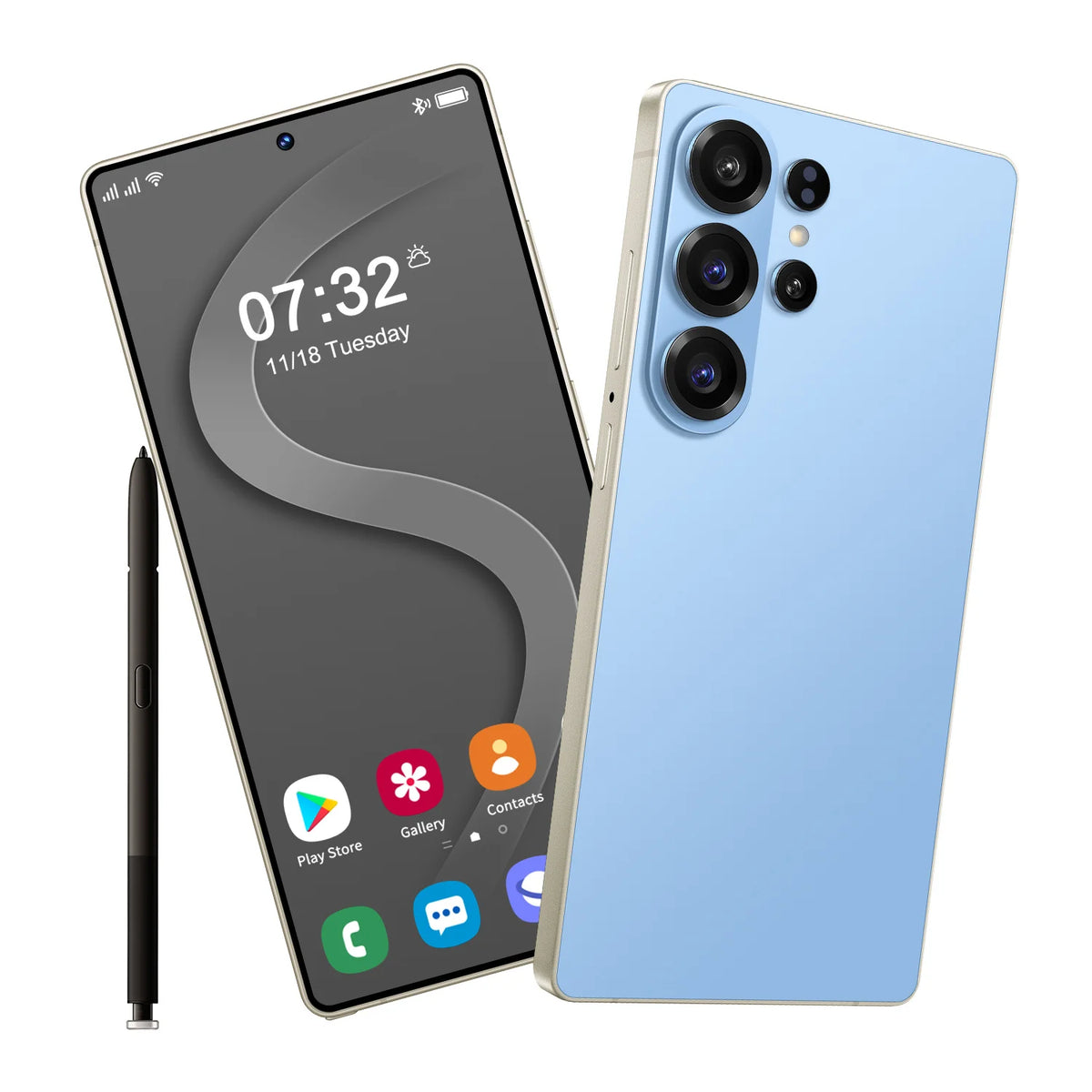 Blue smartphone with 7.3-inch display and quad rear cameras, front and back views.