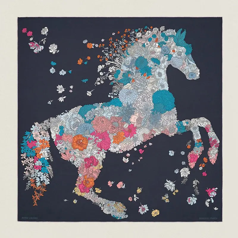Luxurious 140x140cm Large Square Flower Horse Printed Brand Cashmere Silk Scarf Gift  for Elegant Individuals in Stock MOQ 1 PC