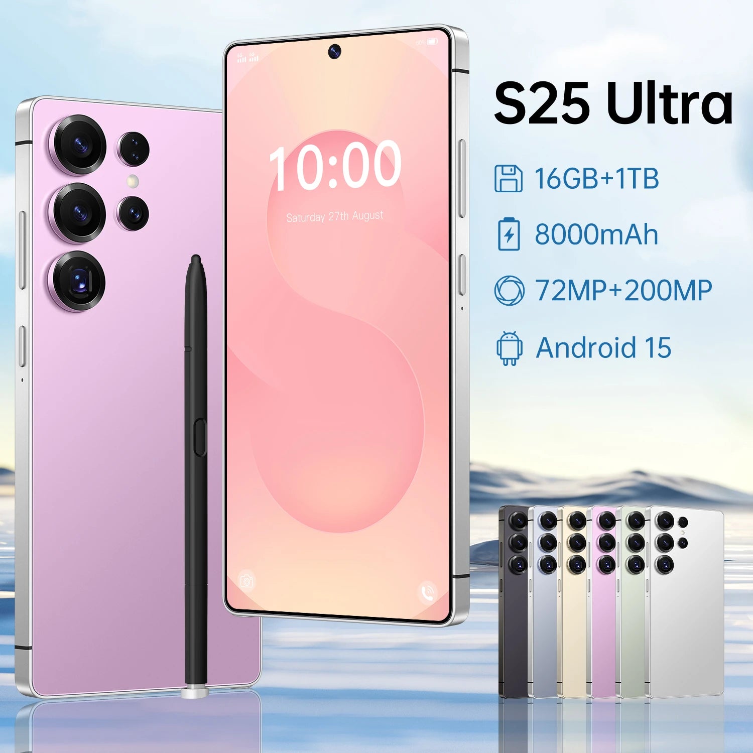 S25 Ultra 5G Smartphone with 16GB RAM, 1TB ROM, 108MP camera, and 8000mAh battery in a modern design