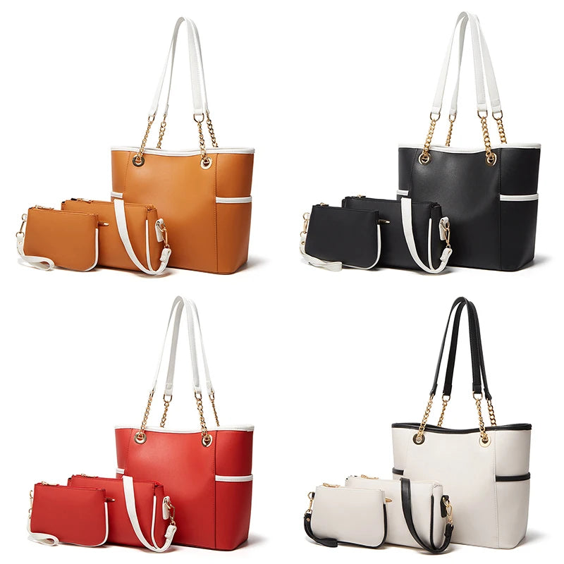 4-piece faux leather trunk handbag set with chain-strap tote, crossbody, and pouches in tan, black, red, and white.