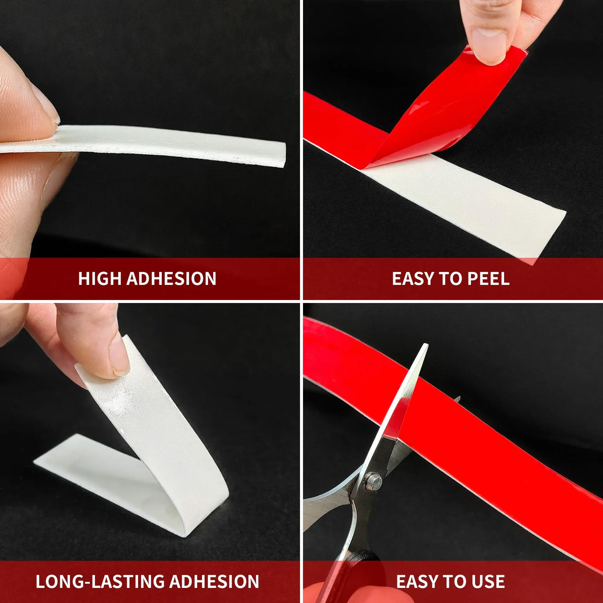 Red-and-white double-sided foam tape applied to surfaces for strong hold and easy peeling