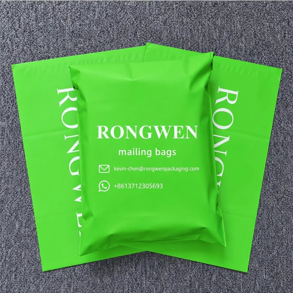 Waterproof poly mailer bags, bright green with RONGWEN logo and contact icons