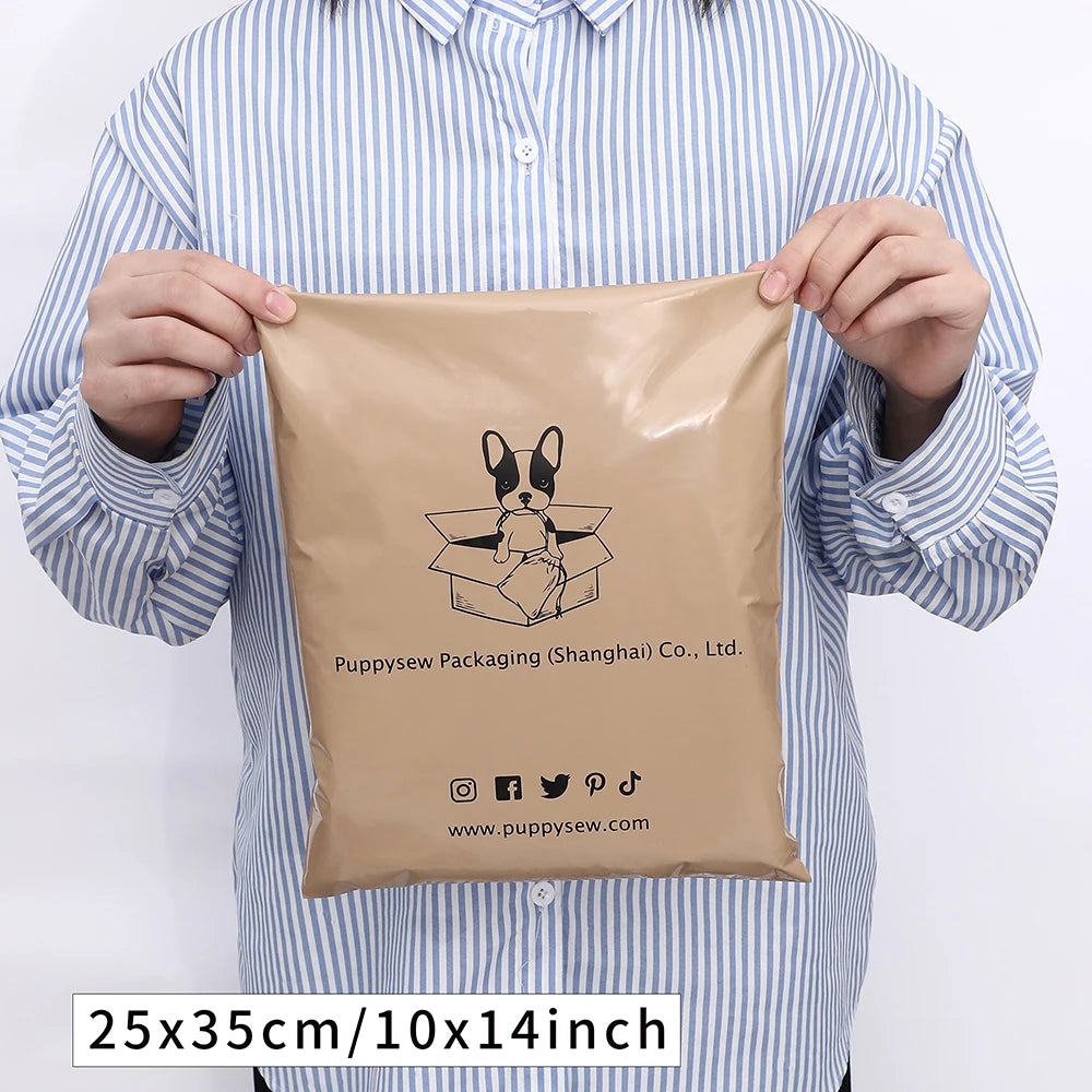 Brown poly mailer shipping bag held up by hands, printed logo and icons