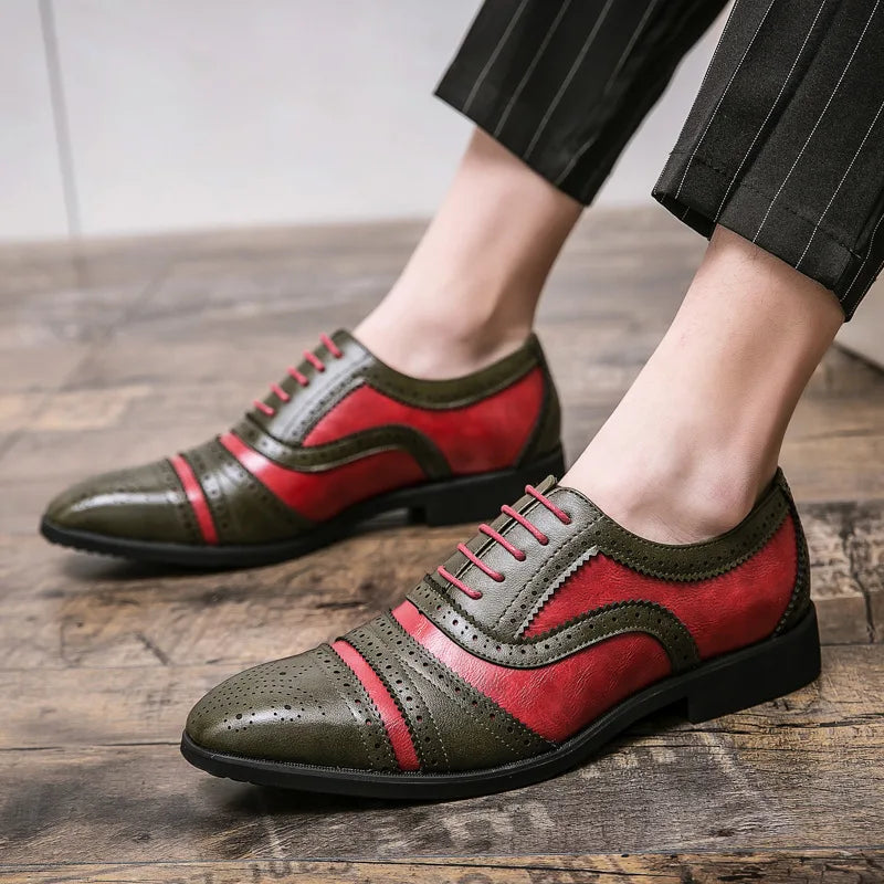 Men's New Pointed Head Double Color Block Carved Leather Shoes Anti-slip Wear-resistant Breathable Office Wedding Dress Shoes