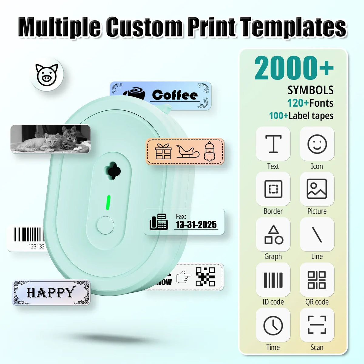 Thermal label tape with custom print templates, icons, text, barcode, and QR options