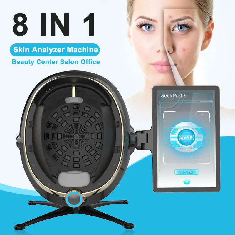 2025 Magic Mirror 8-in-1 AI digital facial skin analyzer machine with touch screen display for professional diagnostics.