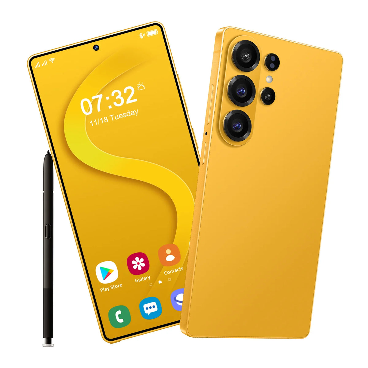 Gold smartphone with 7.3-inch display and quad rear cameras, front and back views.
