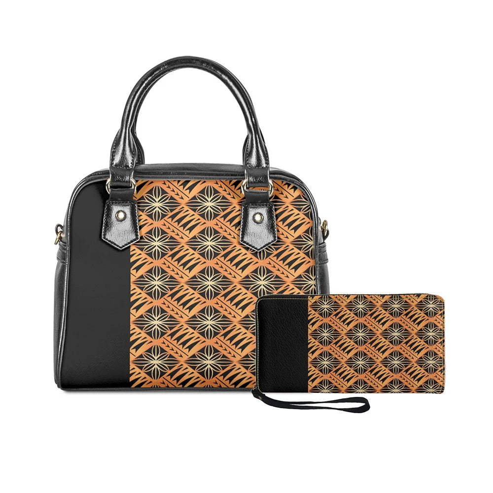 Black and tan 2-piece handbag set with Polynesian tribal geometric print, leather-style finish, and zip-around wallet.