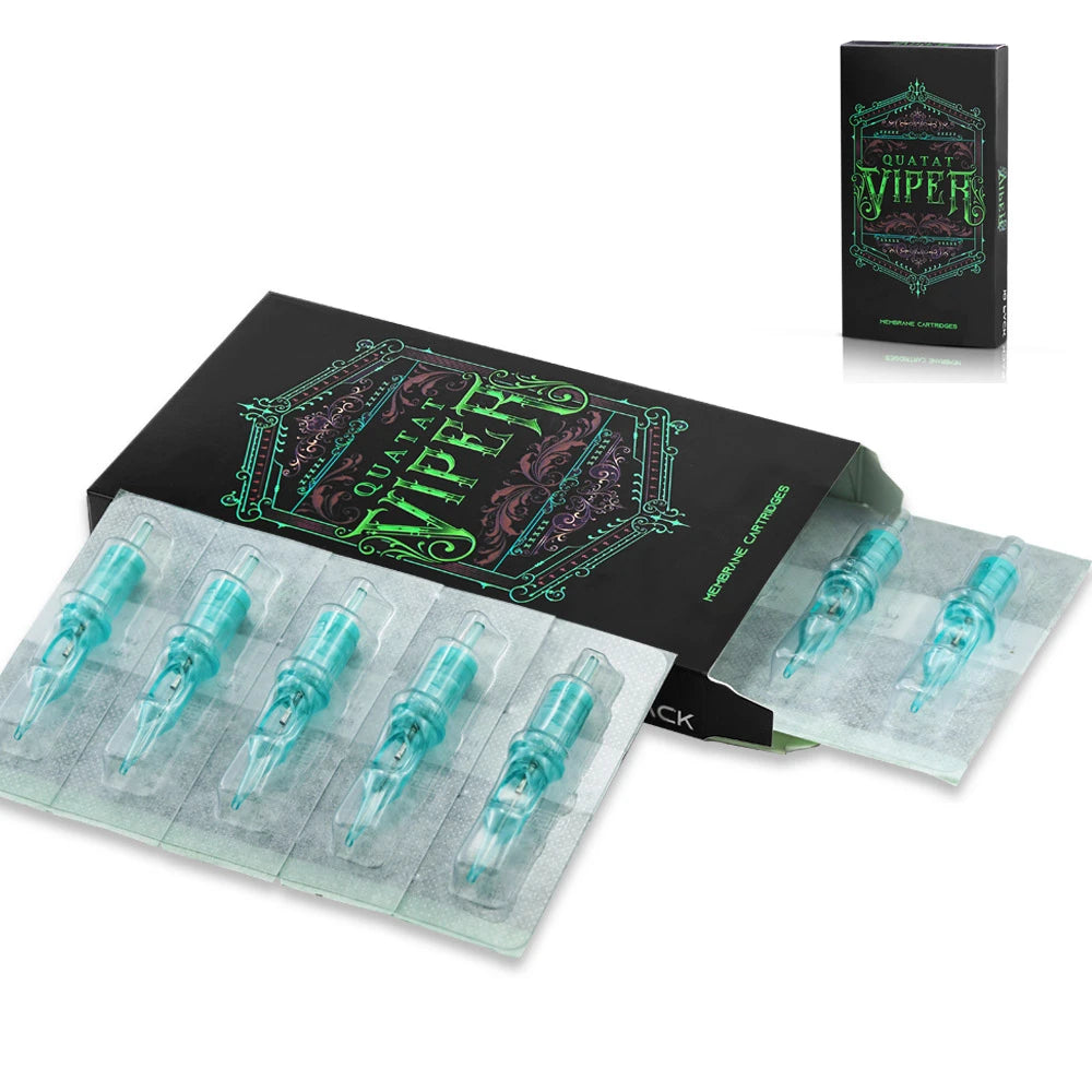 Quatat Viper membrane tattoo needle cartridges. Transparent blue plastic needles in individual sterile blister packs.