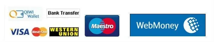 Barcode scanner battery payment icons banner: Visa, Maestro, WebMoney, Wallet