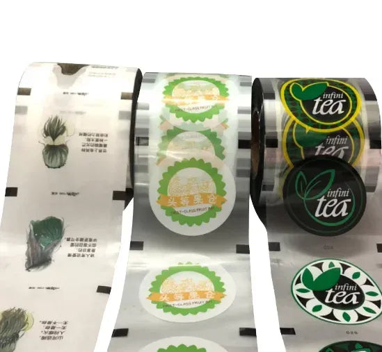 Clear thermal laminating film roll with colorful printed beverage label graphics