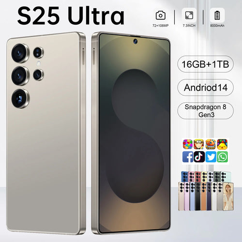 Tidesmit 2025 S25 Ultra 5G Android phone with 6.9-inch screen, 16GB RAM, 1TB storage, and stylus pen.