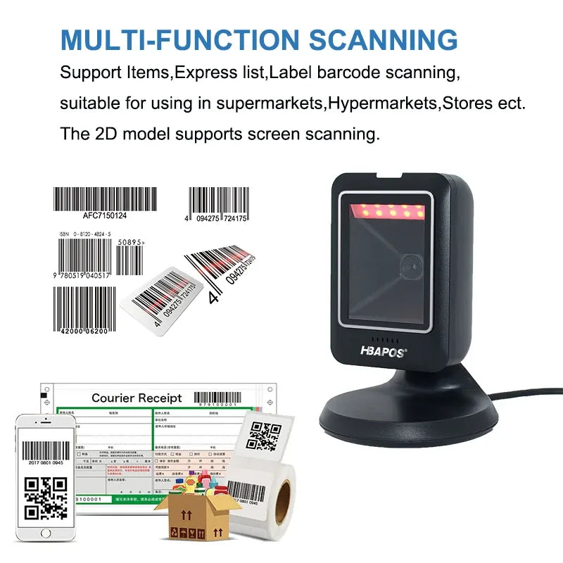Black desktop barcode scanner with red scan light and 2D screen scanning