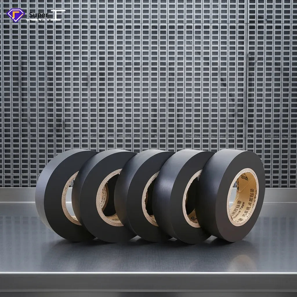 Multiple rolls of black electrical insulation tape on a metal surface