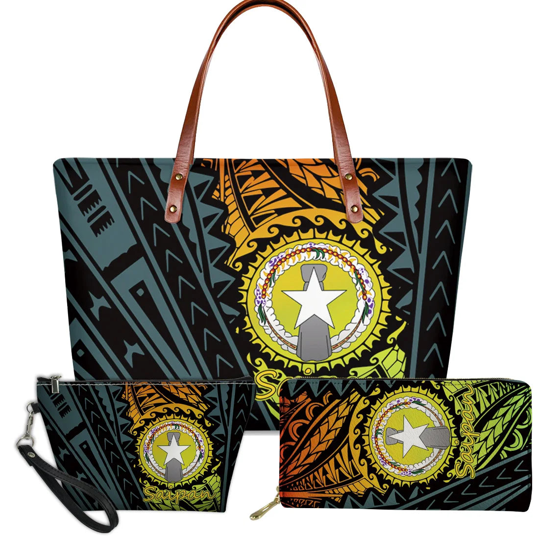 3-piece handbag set featuring Saipan-inspired Polynesian tribal turtle and floral patterns with brown leather handles.