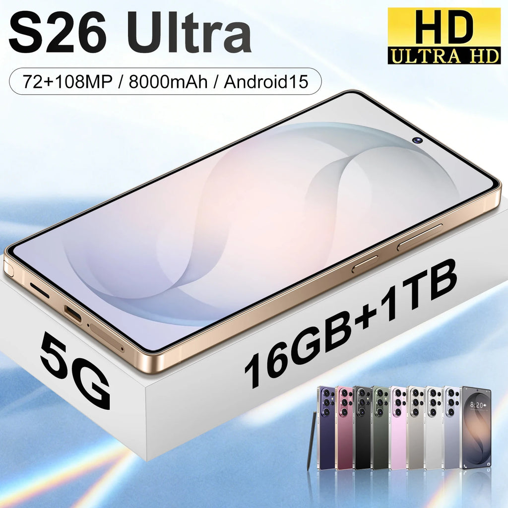Original S26 Ultra 5G smartphone with 16GB RAM and 1TB storage showing dual SIM and HD beauty camera features