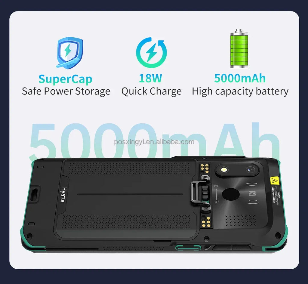 Rugged handheld barcode scanner PDA with rear battery panel and charging icons