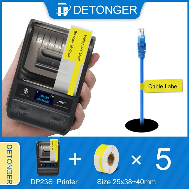 DETONGER DP23S label printer bundle with cable and yellow label rolls