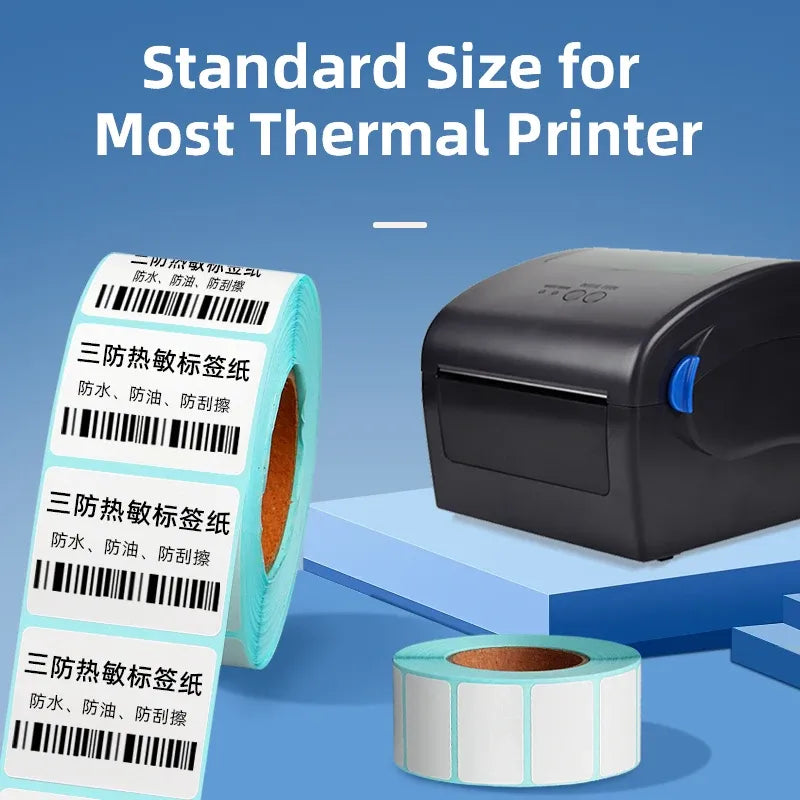 White thermal label roll with barcode-style rows on a continuous backing roll