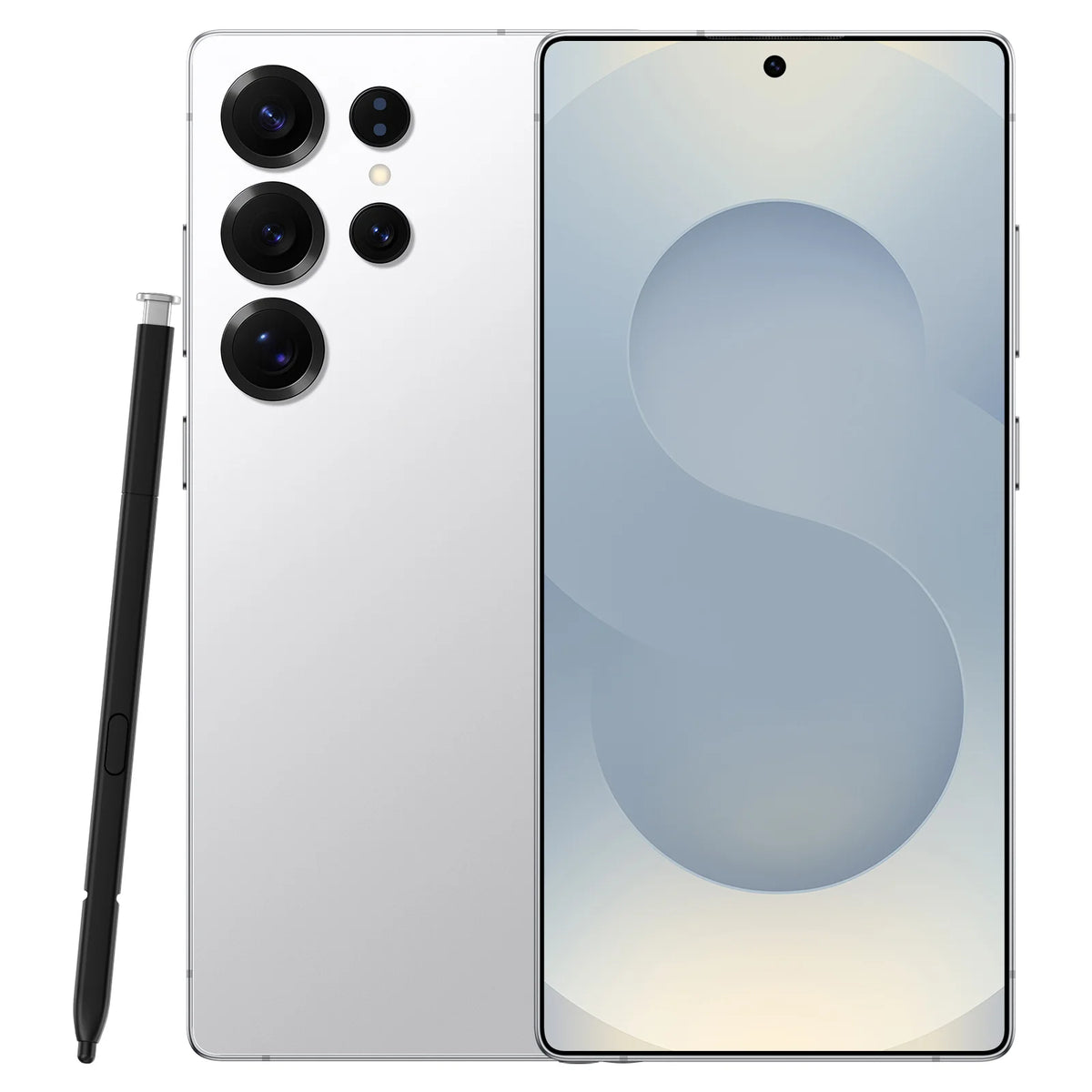 Light gray smartphone with triple rear cameras and front display screen, stylus included