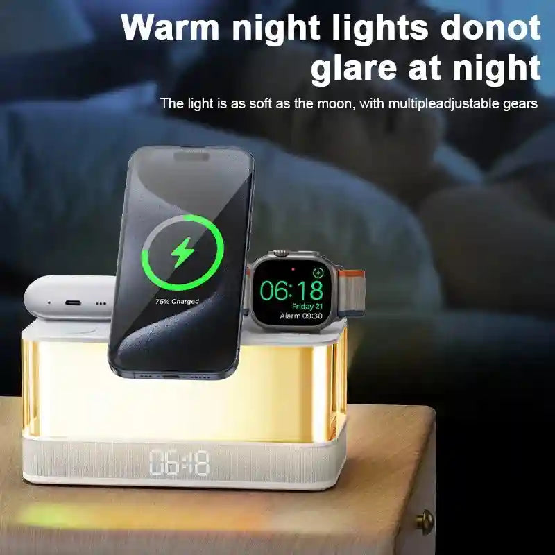 6-in-1 Wireless Charger Alarm Clock with RGB Light and Speaker - White Tidesmit